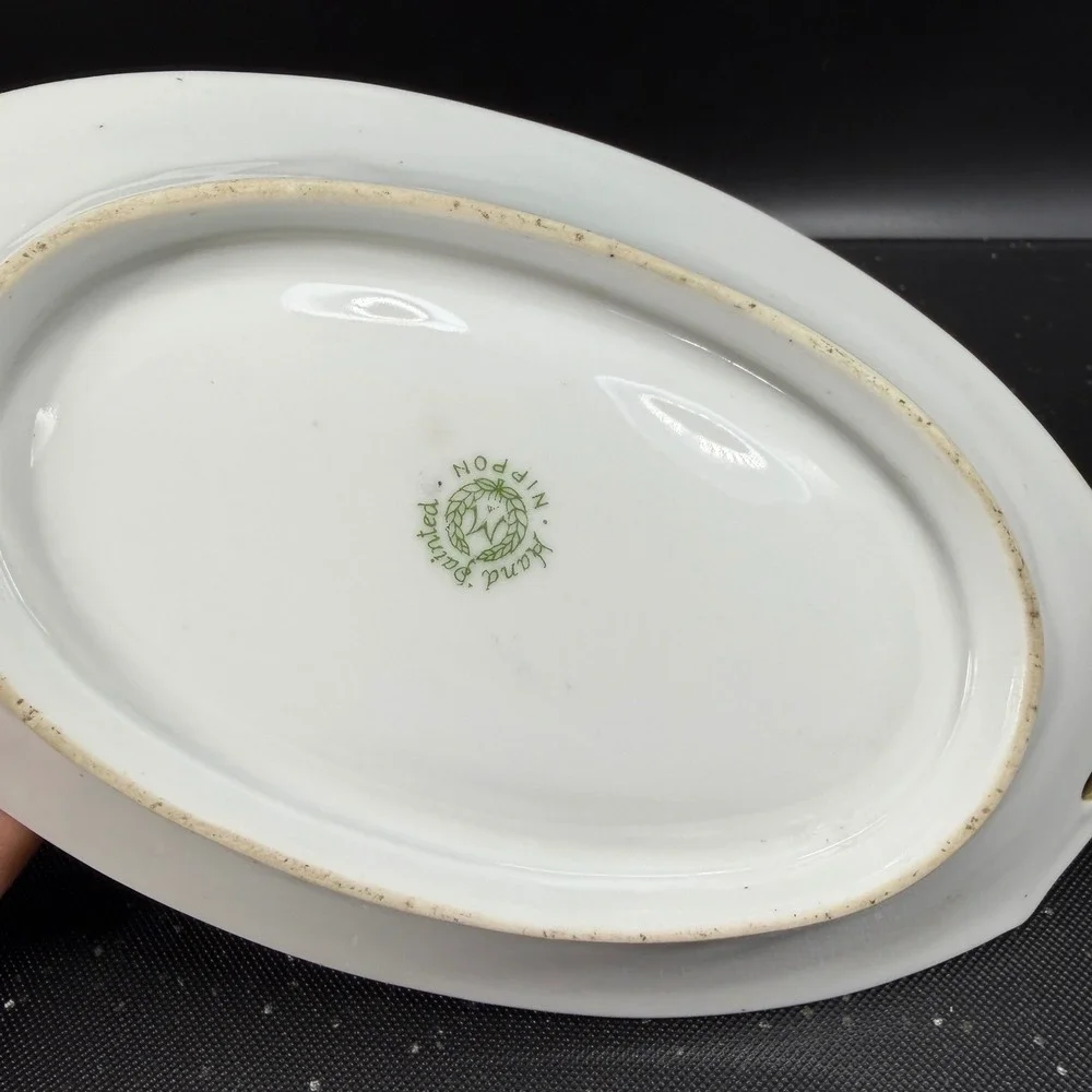 Nippon Hand Painted Celery Dish Oval Tray‎ Gold Moriage Landscape Lake Scene VTG